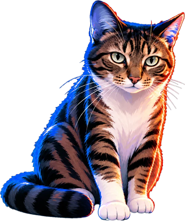 Mia, a dark tabby cat, sitting